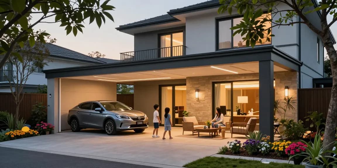 Carport neben einem modernen Zuhause mit PKW und spielenden Kindern im Garten.