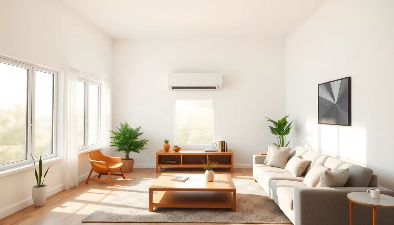 Klimaanlagen installieren lassen in einem modernen Wohnzimmer mit hellem Licht und stilvollem Design.