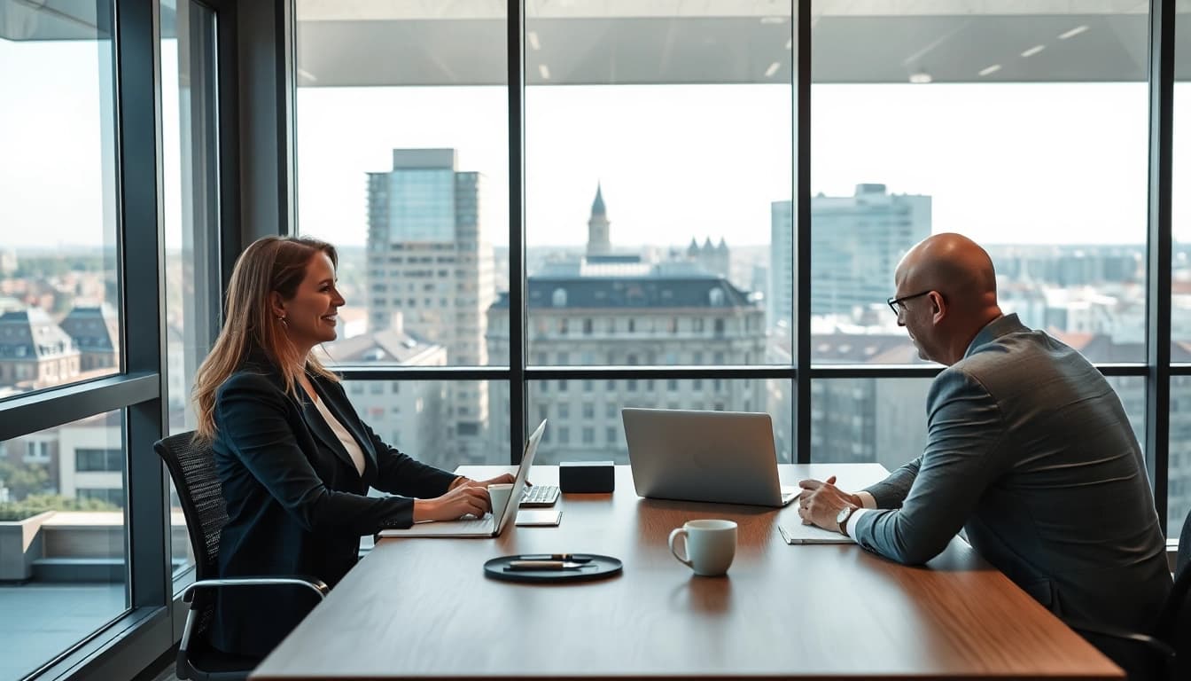 Professioneller Headhunter Leverkusen führt ein Interview mit einem Kandidaten in einem modernen Büro.