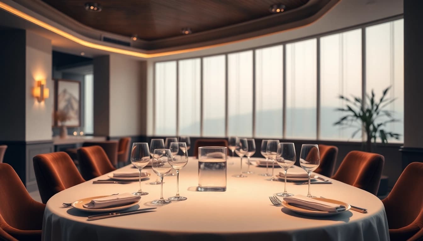Experience luxury dining with a refined table setting showcasing exquisite tableware and warm atmosphere.