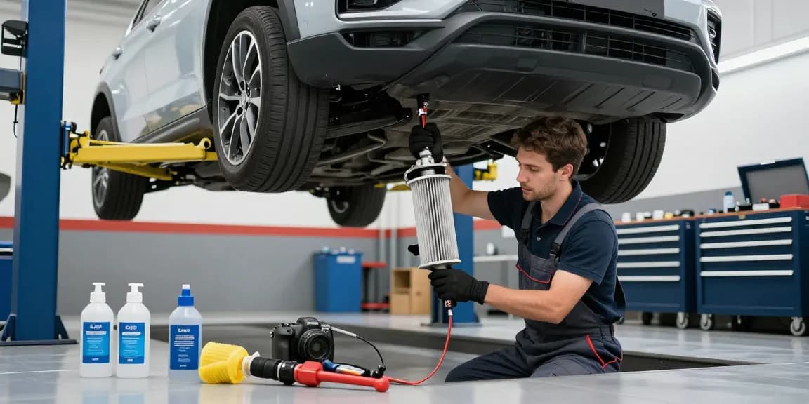 DPF reinigen in einer modernen Werkstatt, Mechaniker reinigt sorgfältig das Dieselpartikelfilter für optimale Fahrzeugleistung.