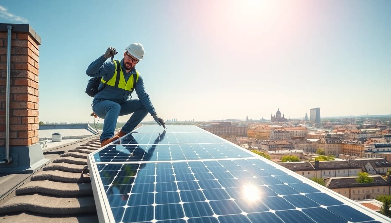 Photovoltaikanlage Kaufen Wien - Installateur montiert Solarpaneele auf Wiener Dach.