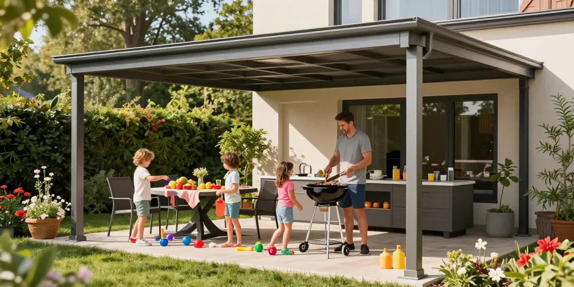 Familie genießt den Schutz der Terrassenüberdachung während eines sonnigen Tages im Garten.