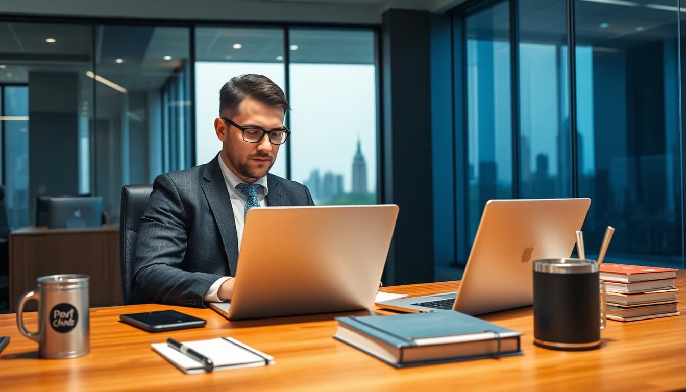 Headhunter Vertrieb bei der Arbeit in einem modernen Büro, fokussiert auf die Suche nach Top-Talenten.