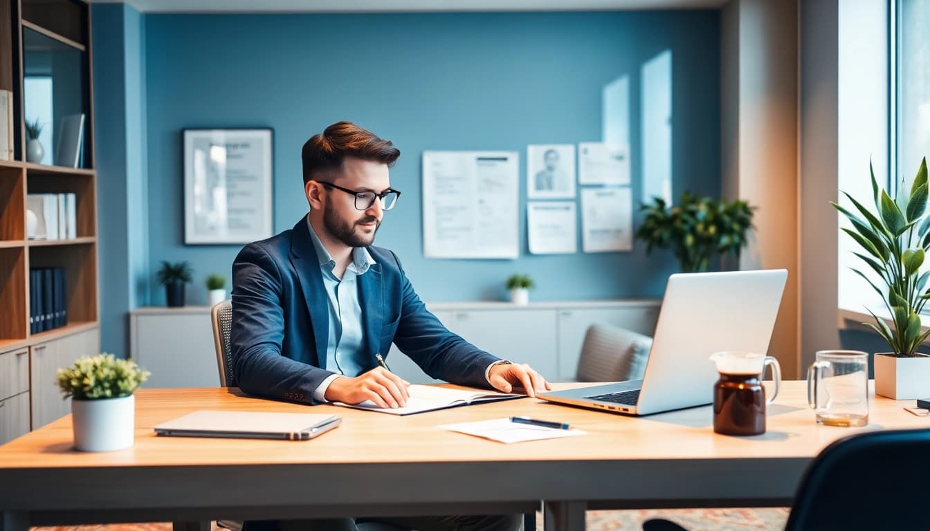 Headhunter IT überprüft Bewerberprofile in einem modernen Büro.