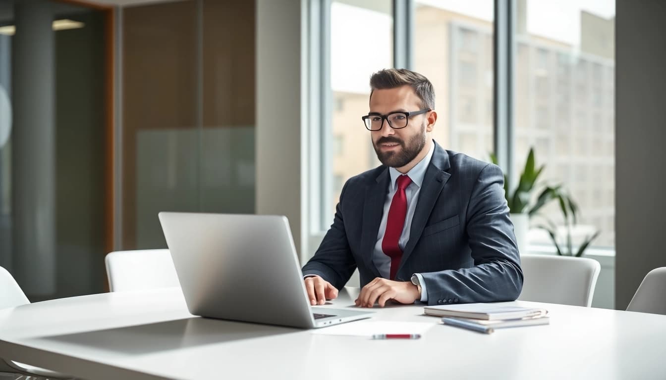 Headhunter führt professionelle Gespräche in einem modernen Büro mit Laptop und Notizen.