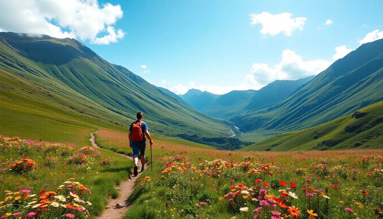 Wandern Irland Urlaub: Ein Wanderer auf einem malerischen Pfad durch grüne Hügel und blühende Wiesen.