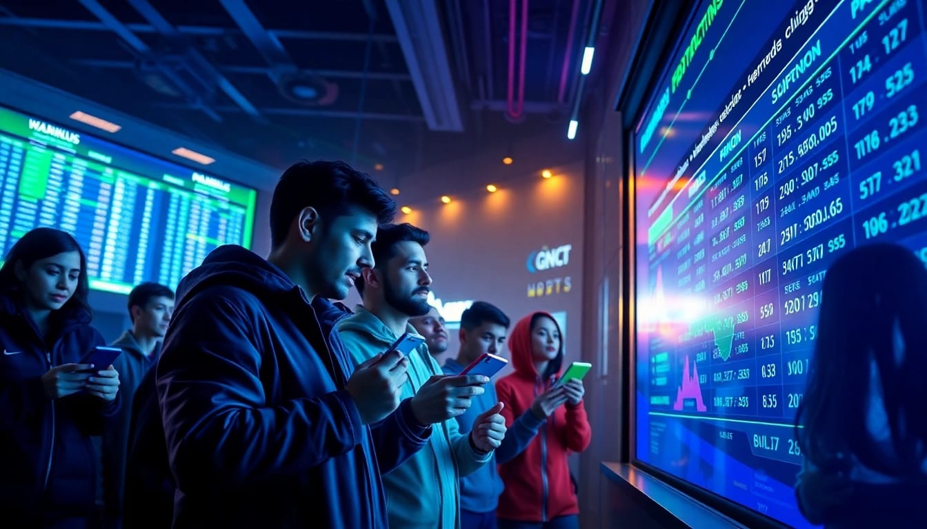 Experience the excitement of crypto sports betting with dynamic bettors engaging in real-time analysis.