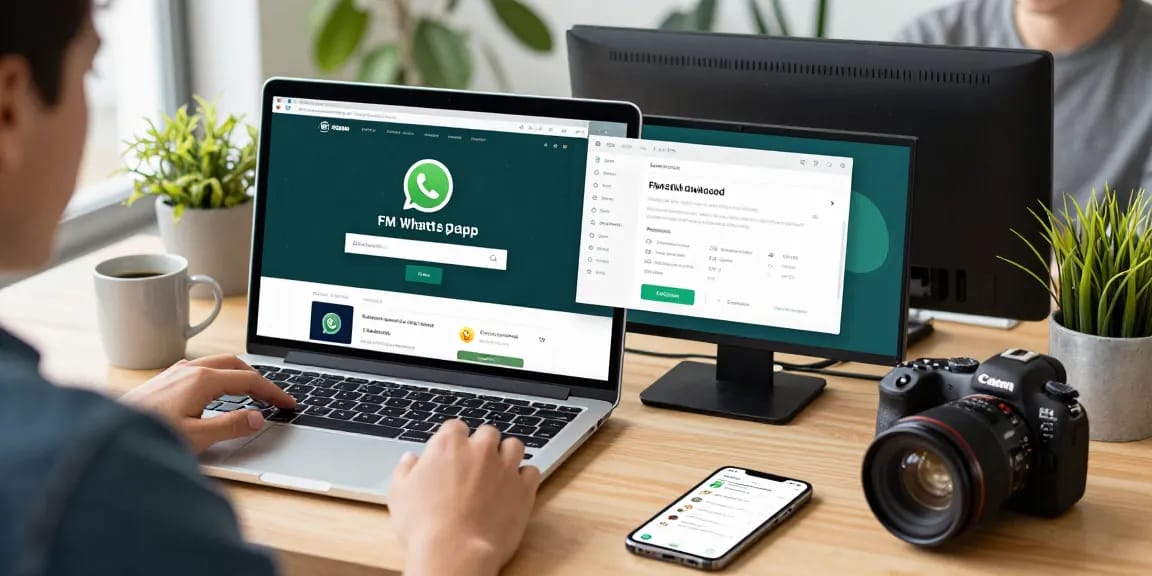 Engaging workspace scene for exploring fm whatsapp download with laptop and smartphone.