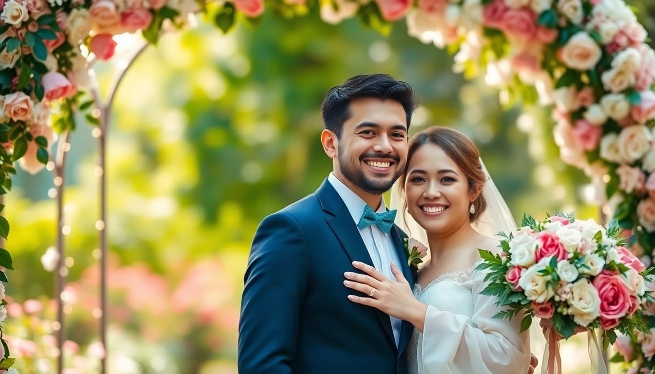 Hochzeitsfotograf München fotografiert ein glückliches Paar unter einem Blumenbogen.