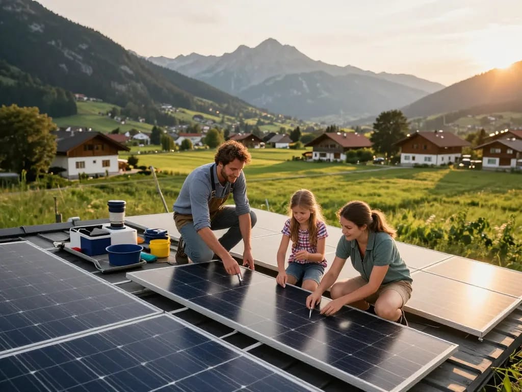 Familie installiert glücklich Solarpanels in einer malerischen bayerischen Umgebung.