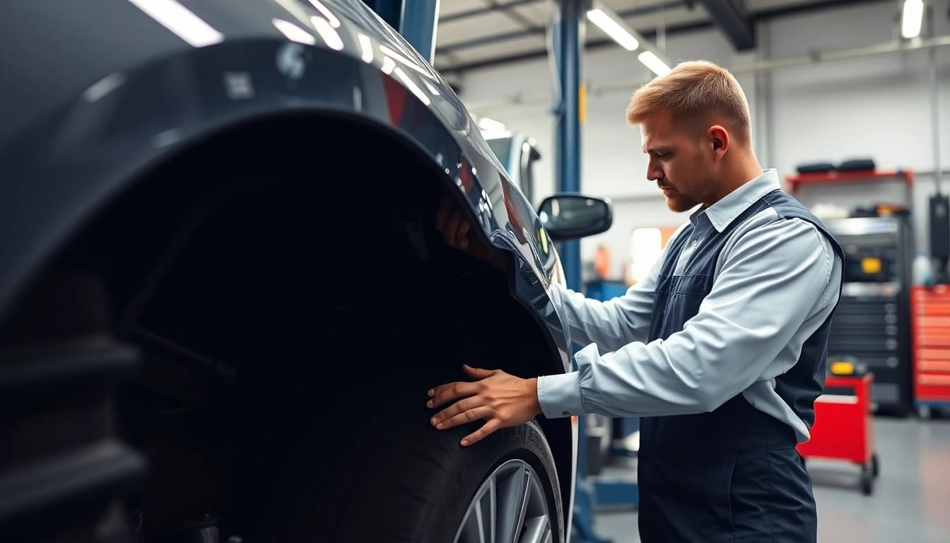 Smart Repair München Preis: Professional technician performing Smart Repair on a car in a workshop.