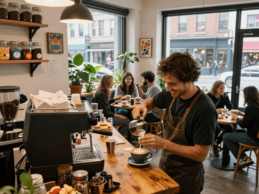 Barista showcasing rokok88 latte art in bustling coffee shop