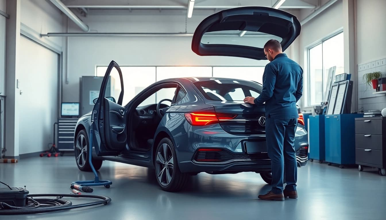 Überprüfen Sie sorgfältig den Leasing Rückgabe Check München in einem modernen Garagenumfeld.
