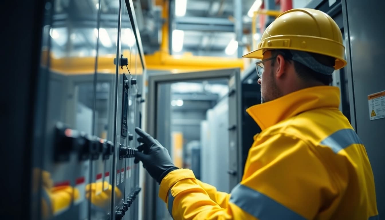 Technician conducting a DGUV V3 Prüfung on electrical equipment, ensuring workplace safety and compliance.