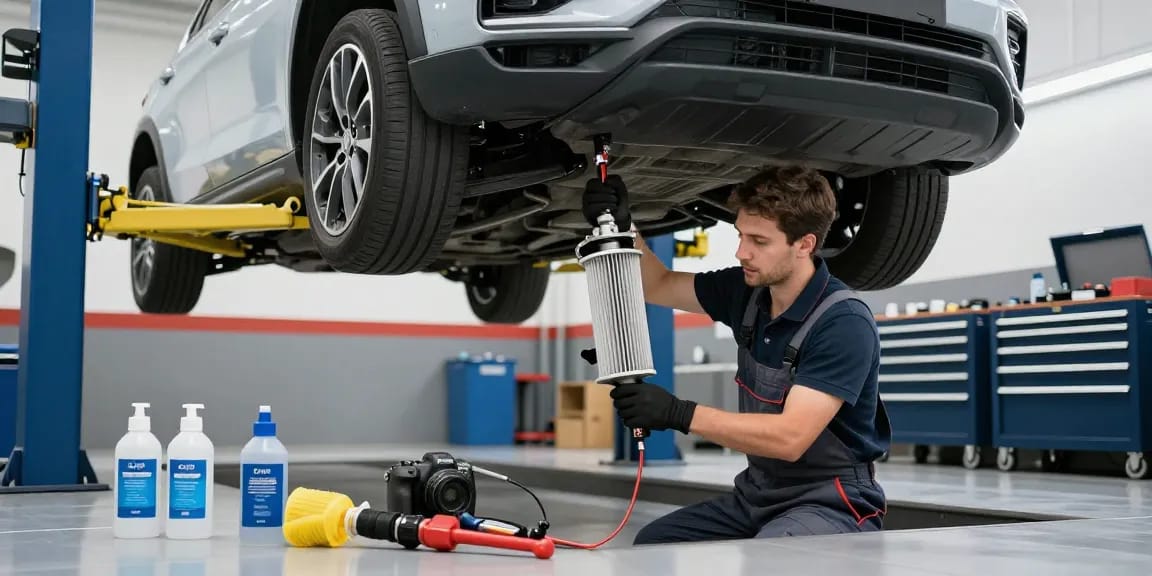 DPF reinigen in einer modernen Werkstatt, Mechaniker reinigt sorgfältig das Dieselpartikelfilter für optimale Fahrzeugleistung.