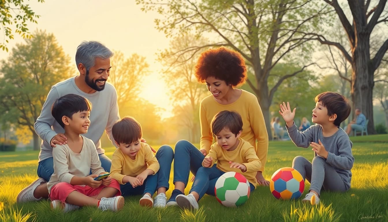 Kindererziehung im Park: Eltern, die mit ihren Kindern spielen und lernen, gefüllt mit Freude und inspirierenden Momenten.