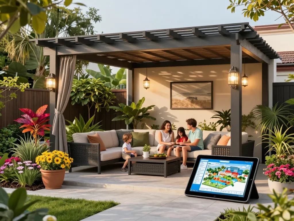 Familie, die ein stilvolles Pergola 3D-Design in einem wunderschön gestalteten Garten genießt, mit maßgeschneiderten Konfigurationen.