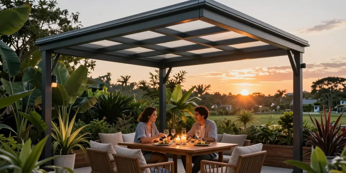 Wunderschöne Terrassenüberdachungen mit einem romantischen Dinner unter einem Aluminiumdach.