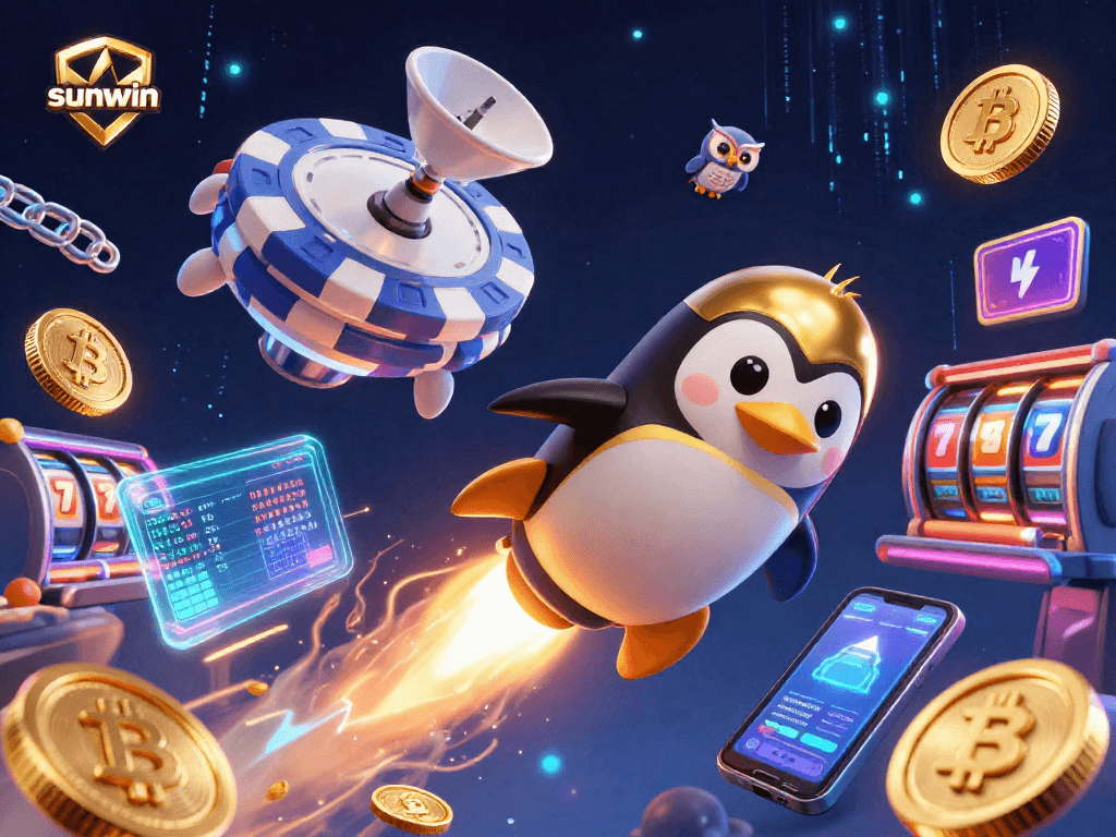 Experience sunwin's magical journey with a rocket-powered penguin in a vibrant casino space adventure.