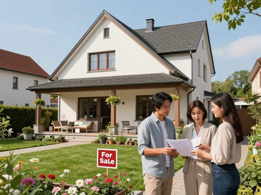 Immobilienmakler Frankfurt Ginnheim unterstützt Hauskäufer in einer charmanten Vorstadt-Immobilienumgebung mit üppigem Grün und einladender Architektur.