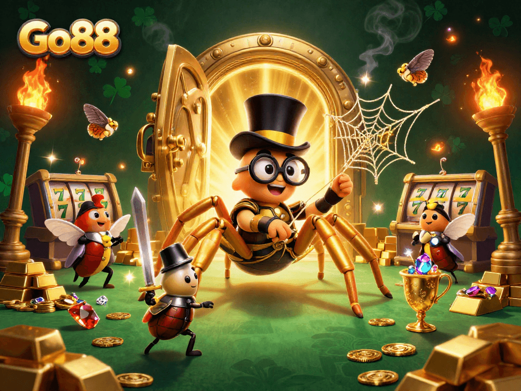 Play and win at Go88 with exciting slots and dazzling treasures in this vibrant illustration.