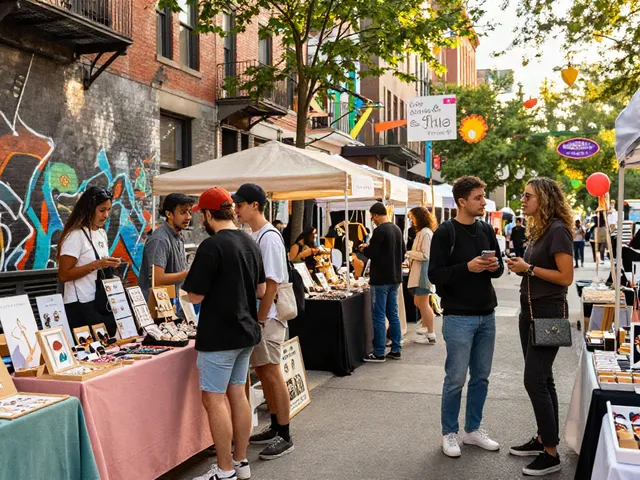 Friends enjoying the rokok88 pop-up market in an urban setting, showcasing lifestyle products and vibrant conversations.