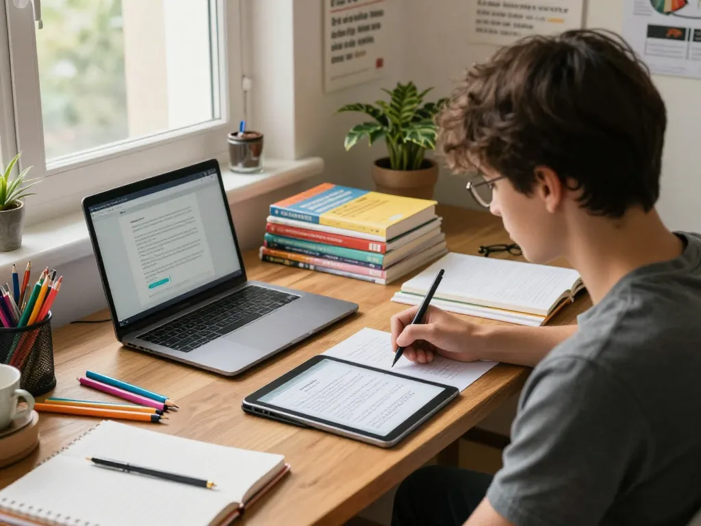 Student nutzt die Hausaufgaben Scanner-App auf einem Tablet im Studium