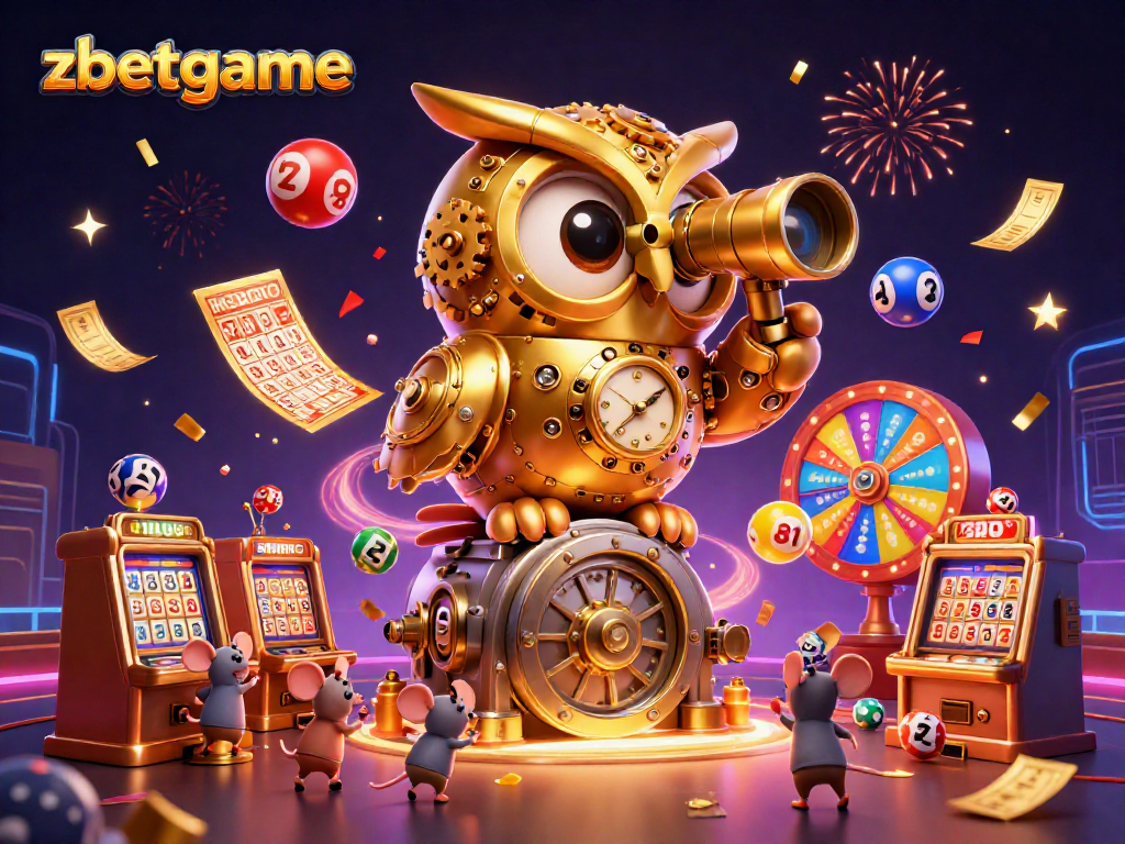 Experience zbetgame in a vibrant casino scene with a golden owl and lively gaming elements.