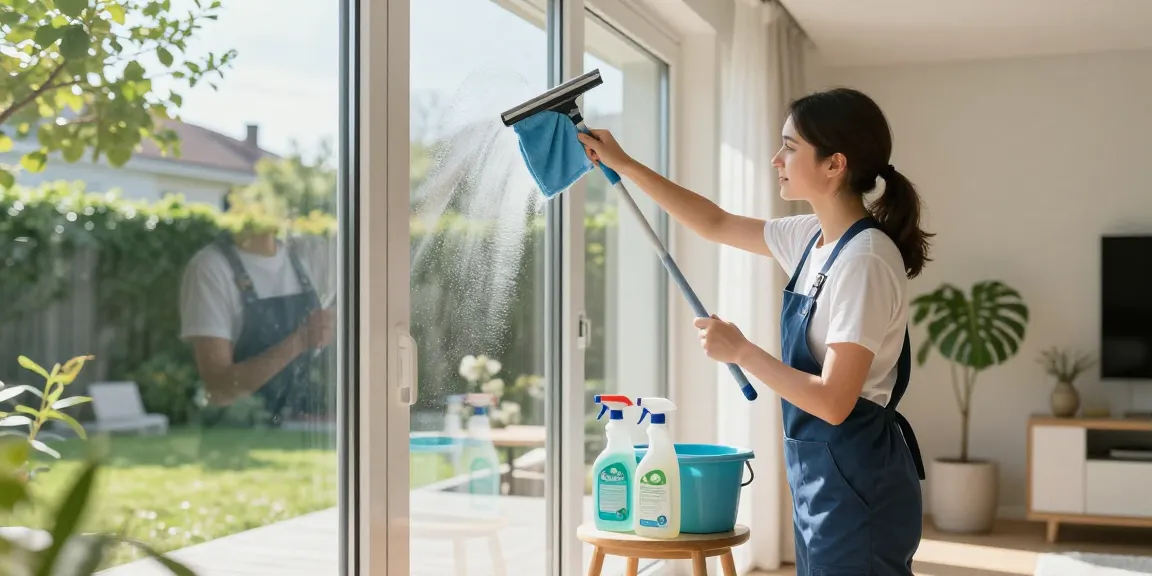 Spotless fensterreinigung bern in a modern home, showcasing professional cleaning of large windows with reflections of a sunny garden outside.