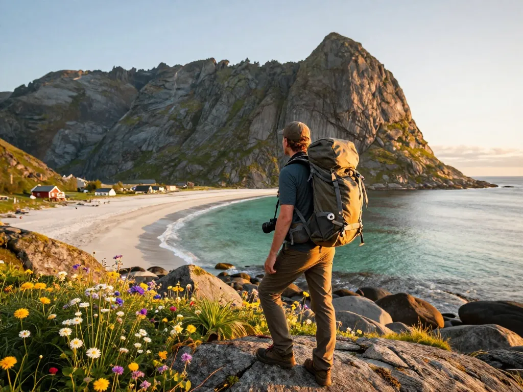 Skandinavien Reisetipps mit einem Reisenden auf den Lofoten während der goldenen Stunde, der die atemberaubende Landschaft festhält.