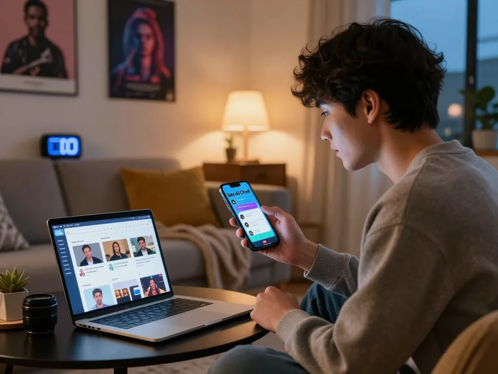 Young adult using sex AI chat on smartphone in cozy living room