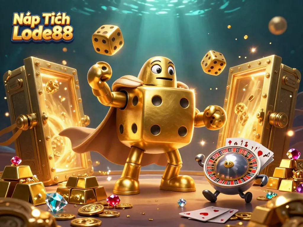 Experience Nạp Tiền Lode88 with golden dice golem and dynamic casino elements in a vibrant illustration.