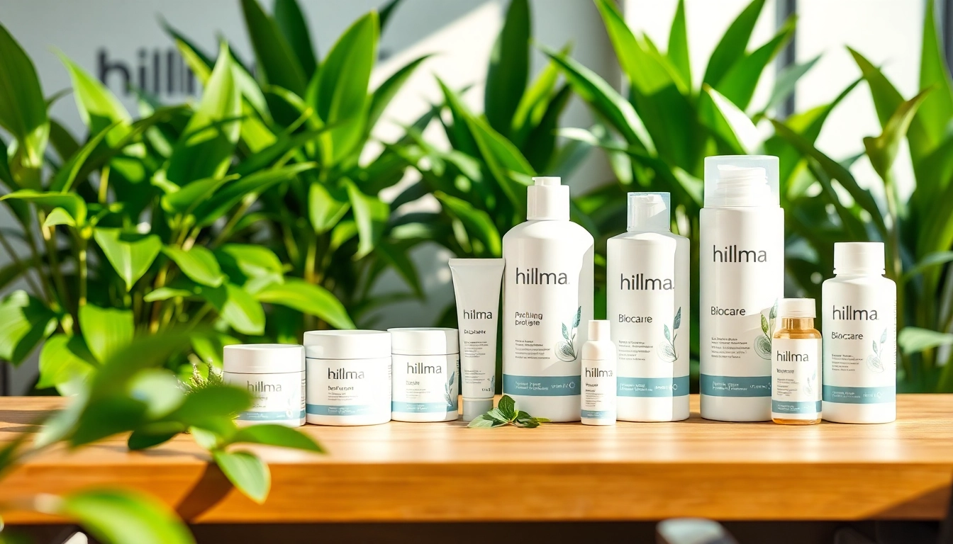 Präsentation von hilma biocare Produkten auf einem modernen Tisch mit Pflanzen im Hintergrund.