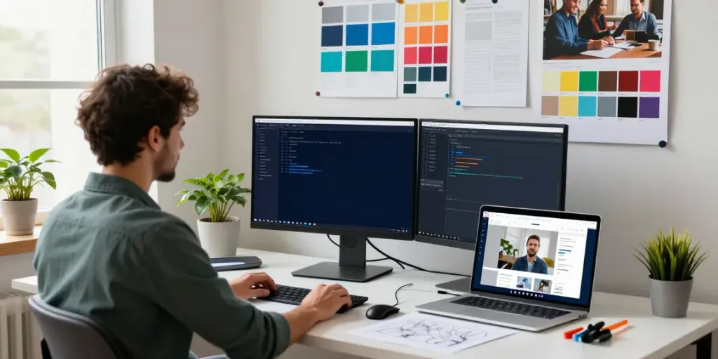 Webdesign Saarland: Moderne Webdesign-Studioszene mit Designern, die kreative Websites entwickeln.