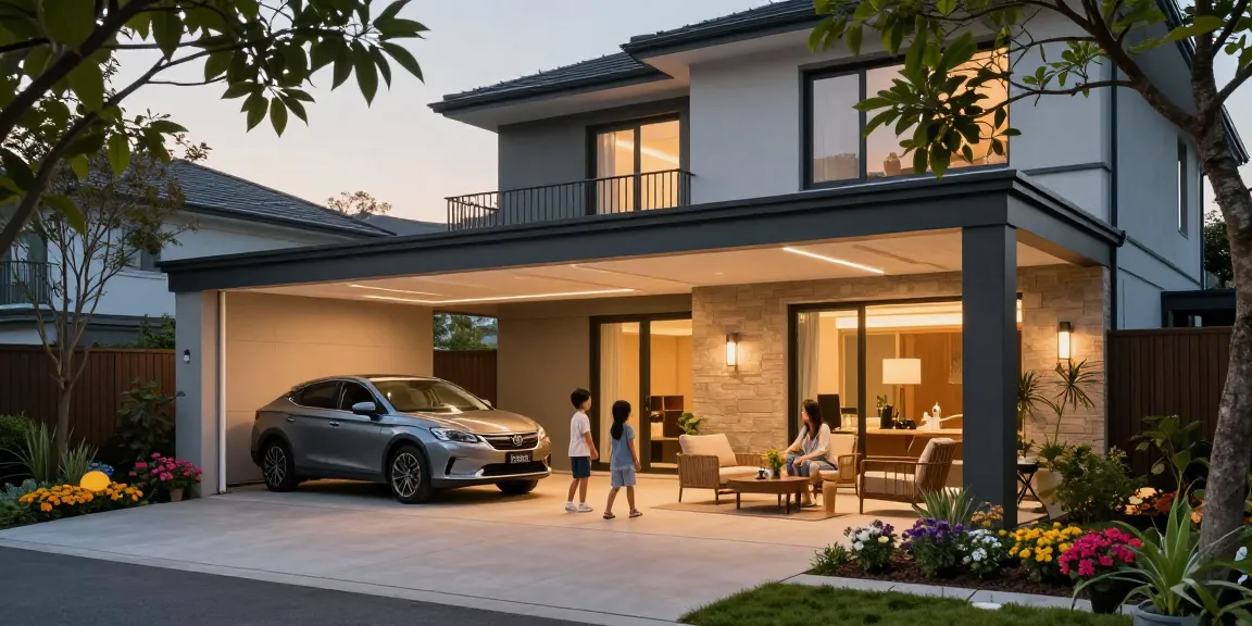 Carport neben einem modernen Zuhause mit PKW und spielenden Kindern im Garten.