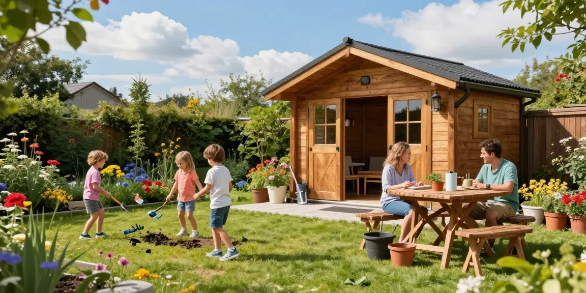 Ein stilvolles Gartenhaus in einem sonnigen Garten mit spielenden Kindern und entspannten Erwachsenen, umgeben von lebhaften Blumen und Grünpflanzen.