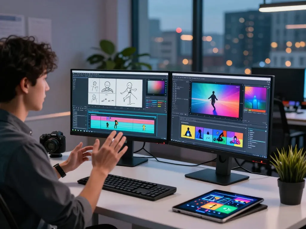 Kling 2.6 motion control showcased in a creative tech workspace, highlighting vibrant video editing and dynamic content creation.