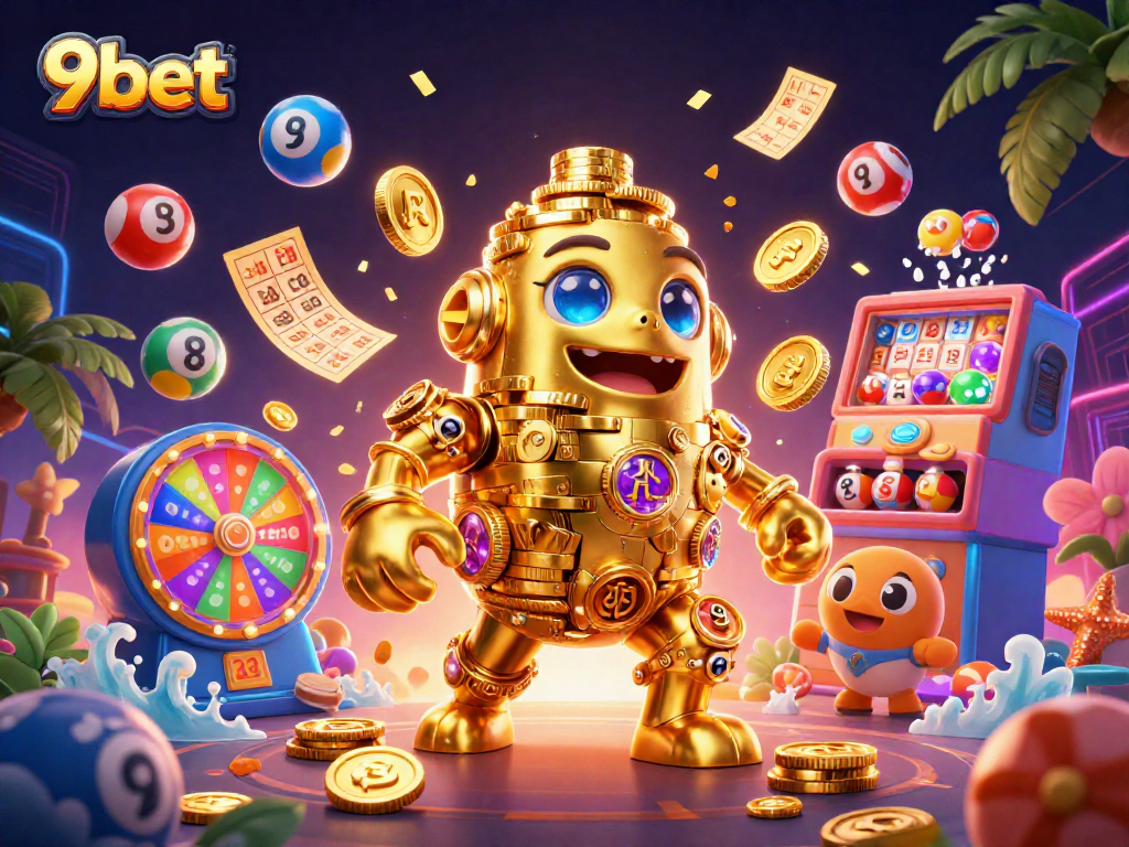 Engage with 9bet's vibrant 3D casino scene filled with lottery games and golden elements.