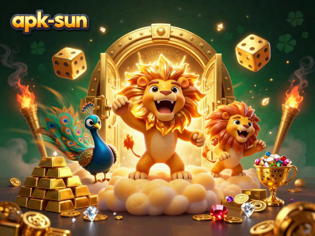 Experience the thrill of apk-sun with a dynamic casino scene featuring golden visuals and games.