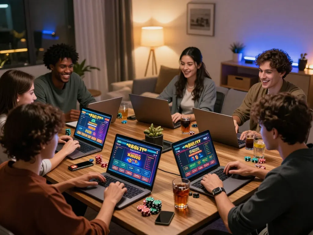 Friends enjoying online gaming with mb66-t, lively atmosphere, laptops showing casino games