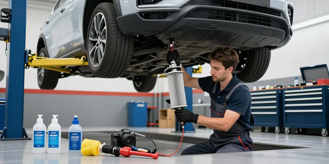 DPF reinigen in einer modernen Werkstatt, Mechaniker reinigt sorgfältig das Dieselpartikelfilter für optimale Fahrzeugleistung.