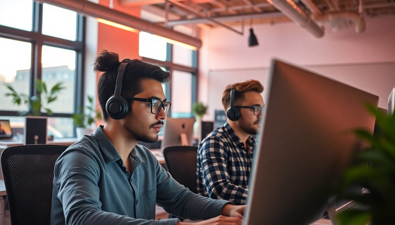 Linkedin Werbung: Programmierer erstellen ansprechende LinkedIn Anzeigen in einem modernen Büro.