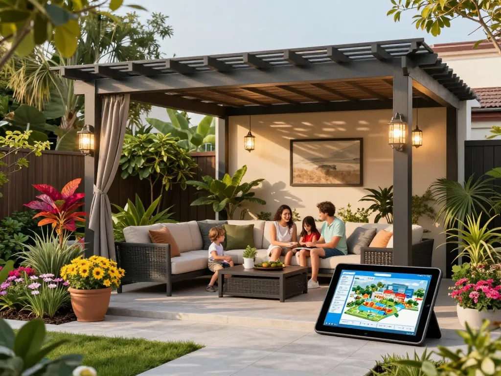 Familie, die ein stilvolles Pergola 3D-Design in einem wunderschön gestalteten Garten genießt, mit maßgeschneiderten Konfigurationen.