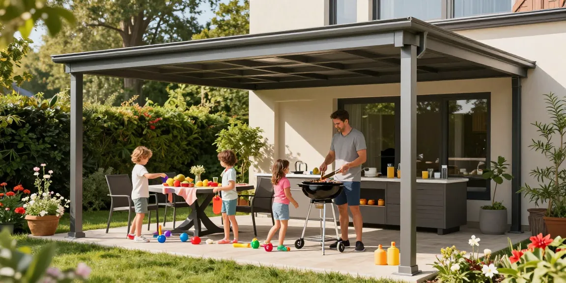 Familie genießt den Schutz der Terrassenüberdachung während eines sonnigen Tages im Garten.