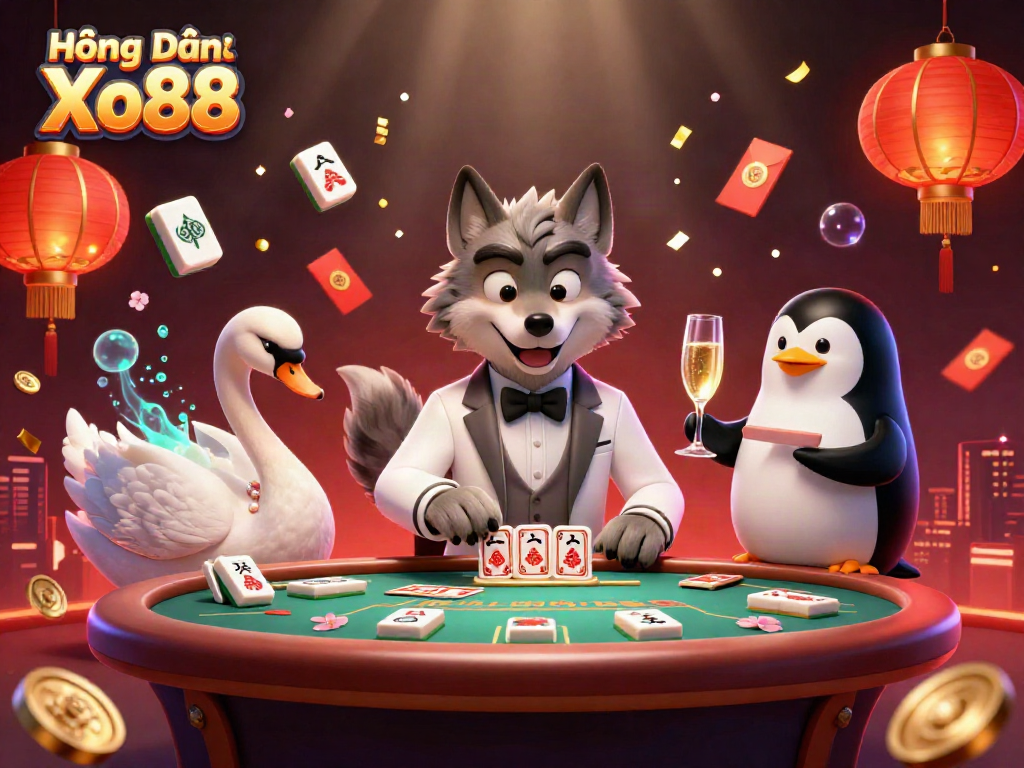 Experience thrilling gameplay with Hướng Dẫn Xo88, featuring a debonair wolf, elegant swan, and sophisticated penguin in a dynamic casino scene.