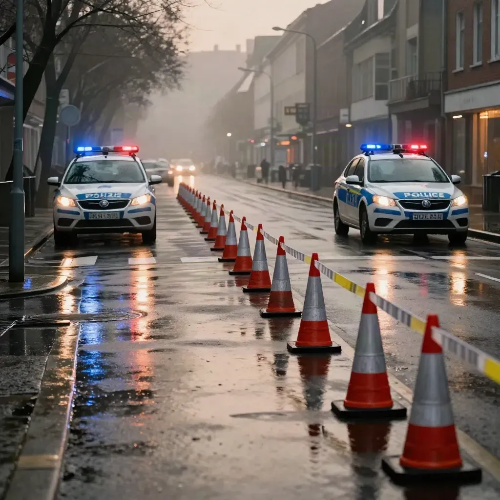 Polizeisperrung an nasser Kreuzung mit zwei Streifenwagen und Blaulichtspiegelungen.