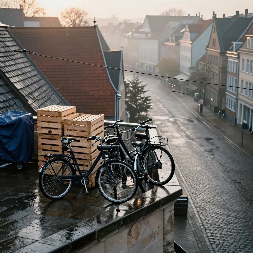 Münster am Morgen mit Fahrrädern, Obstkisten und roten Dächern im weichen Dunst.