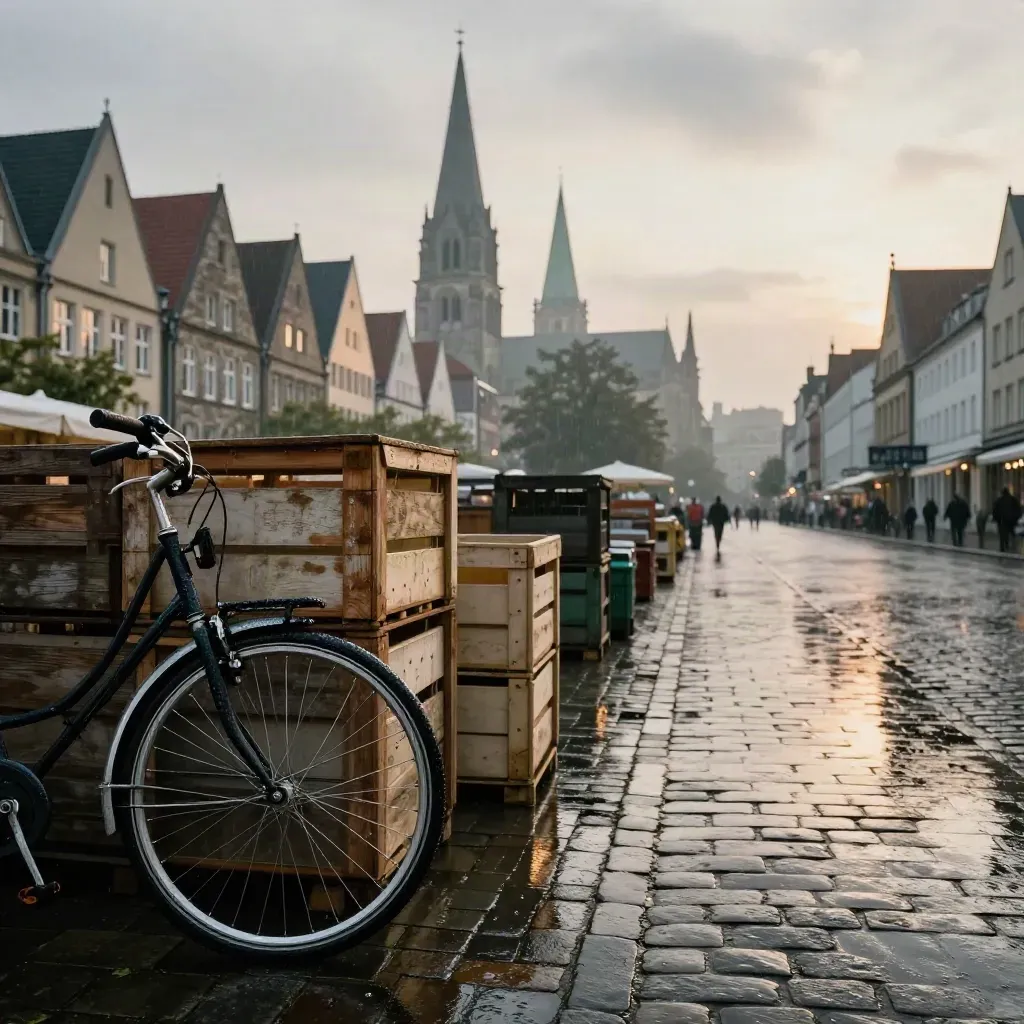 Münster nach Regen mit Fahrradrad, Marktständen und Kirchtürmen im Morgenlicht