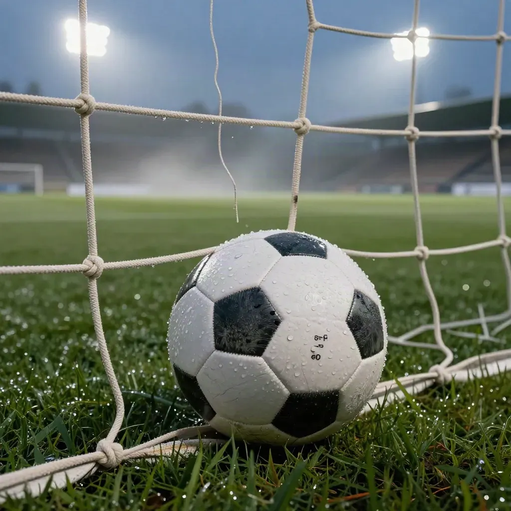 Nasses Trainingsfeld von Preußen Münster mit Ball, Netz und Flutlicht im Abenddunst.